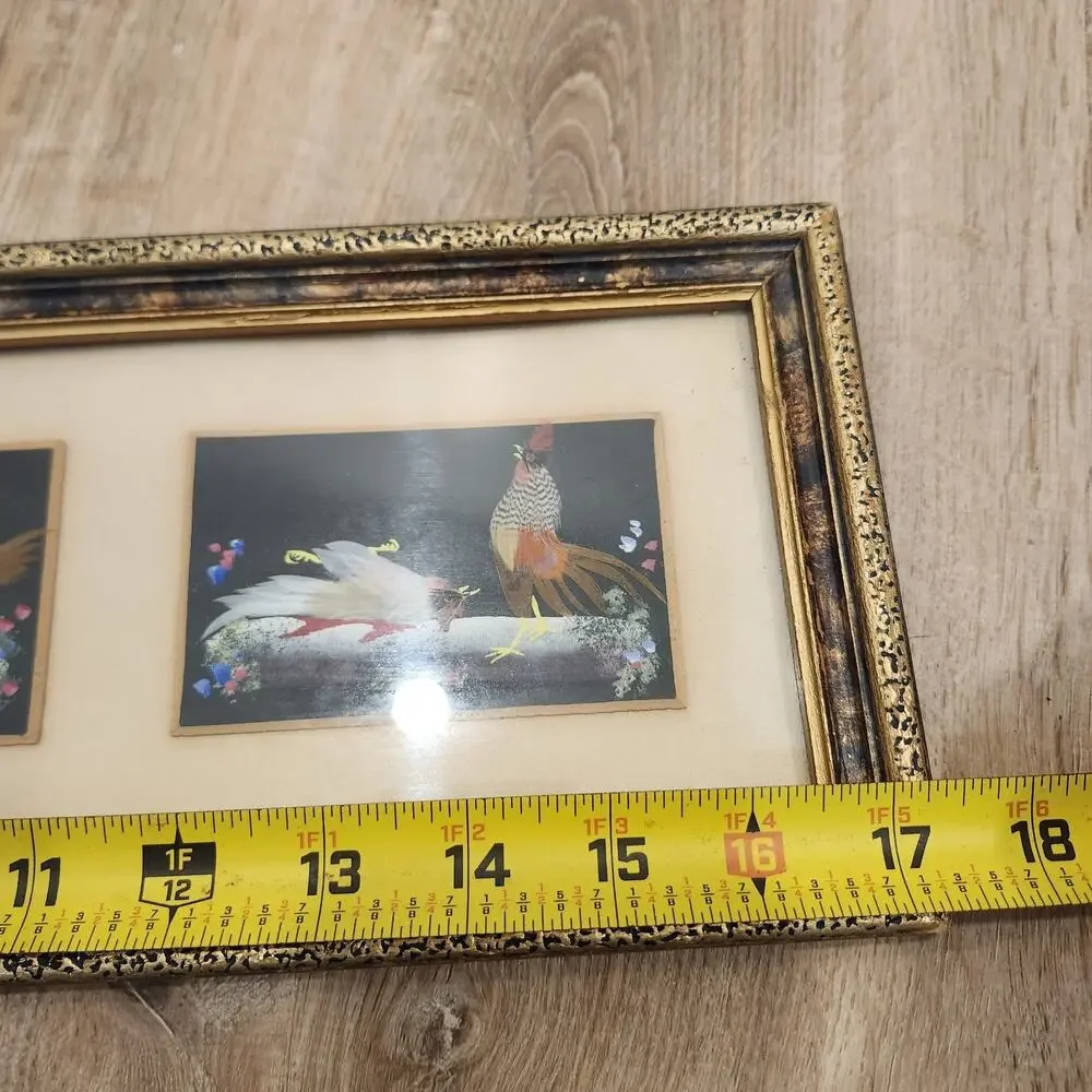 Vtg Mexican Feather Folk Art Rooster Cockfighting Scene Framed Wall Decor